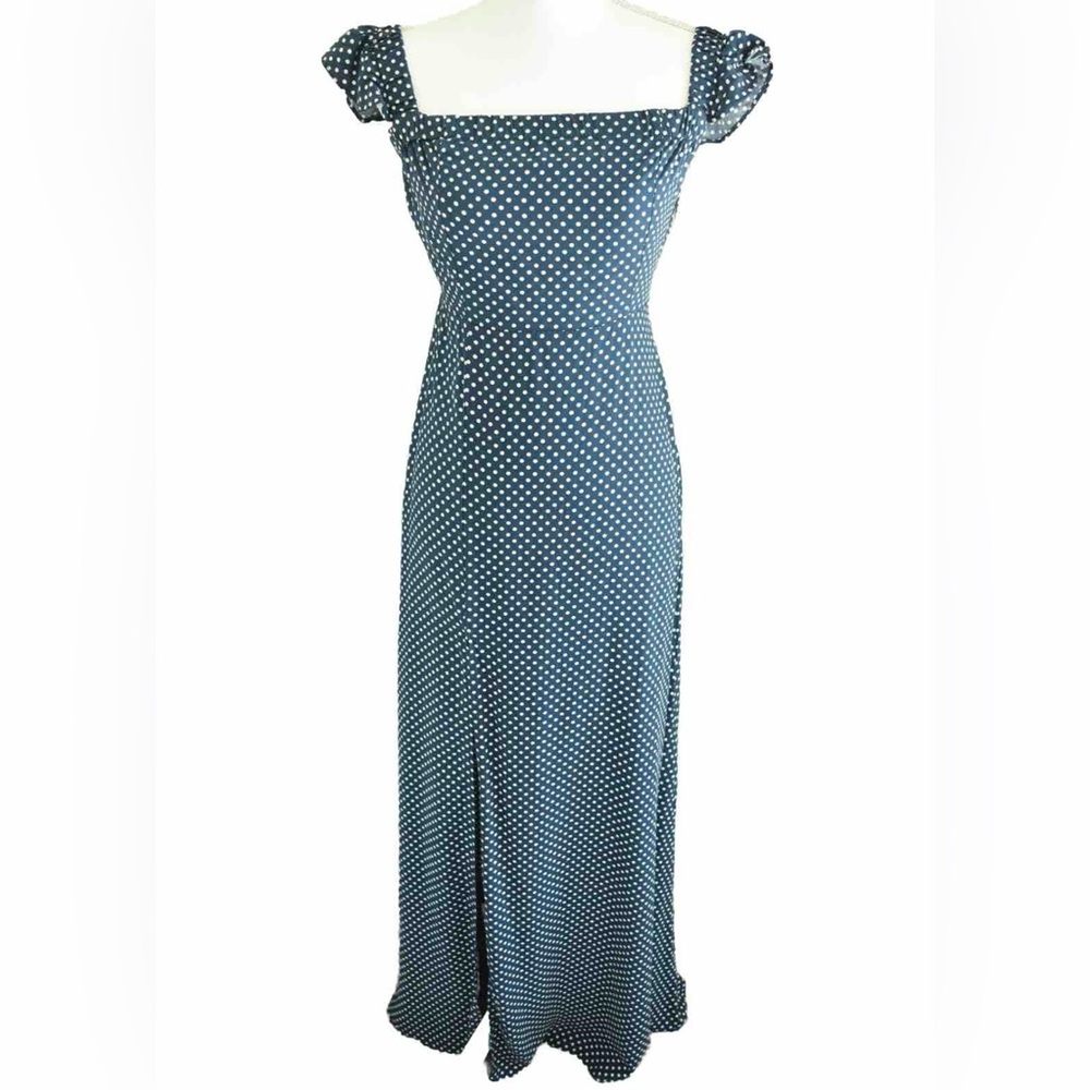 LULU’S Dream Love Off-the-Shoulder Maxi Dress Size Medium Navy Blue Polka Dot
